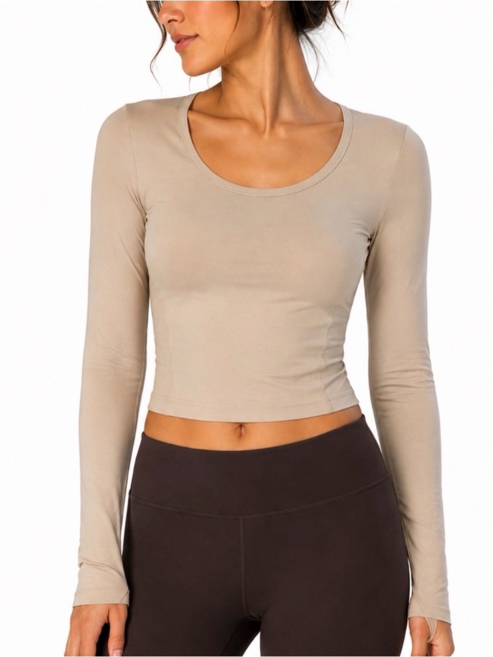 Athleta Transcend Contrast Stitch Long Sleeve Top Beige Size Small